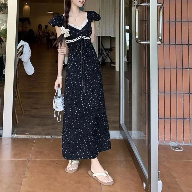 Cyflymder  Women Black White Polka Dots Dresses Puff Short Sleeve V Neck Lace Trim Summer Bow Drawstring Slim Romantic Vacation Long Dress
