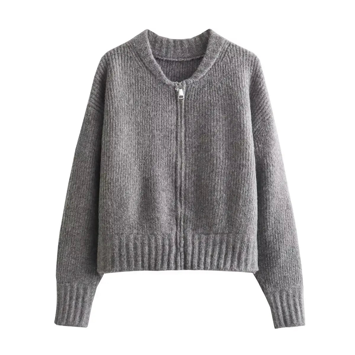 Cyflymder   Fashion Round Neck Zipper Bomber Sweater Women Elegant Autumn Long Sleeve Knitted Cardigan Jacket Female Chic Street Tops