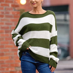 Cyflymder  Women Colorblocked Stripes Rolled Hem O Neck Pullover Sweater Autumn Winter Loose Jumpers Female Comfortable Casual Knitted Tops