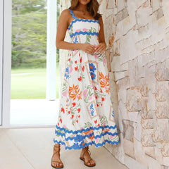 Cyflymder  Women Sleeveless Boho Dress Suspender Wave Large Swing Flowy Casual Maxi Dress Summer Holiday Printed Backless Beach Dress