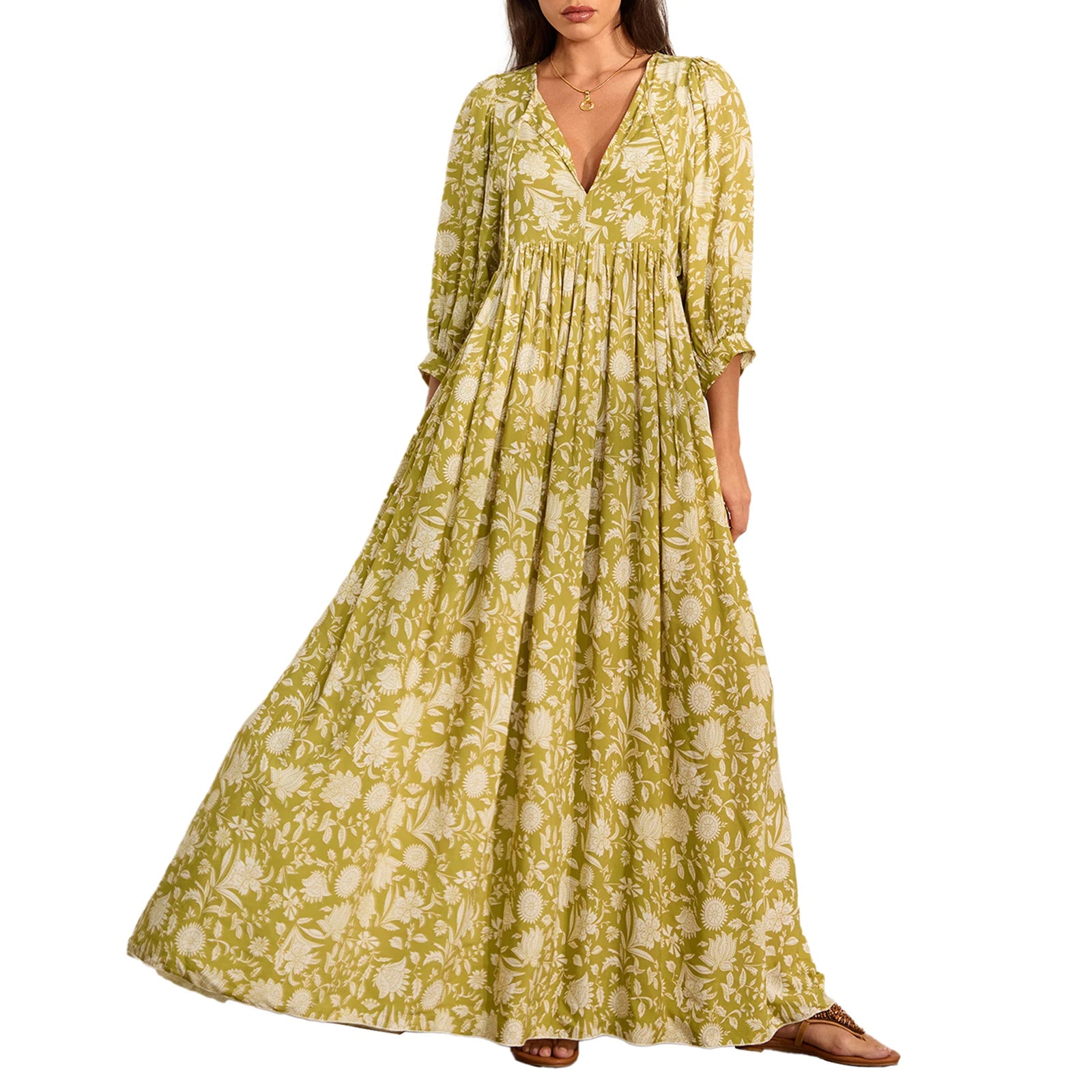 Cyflymder  Elegant Maxi Dress with 3 4 Sleeves V Neckline and Floral Print - Stylish Loose Fit Summer Dress for Casual Wear