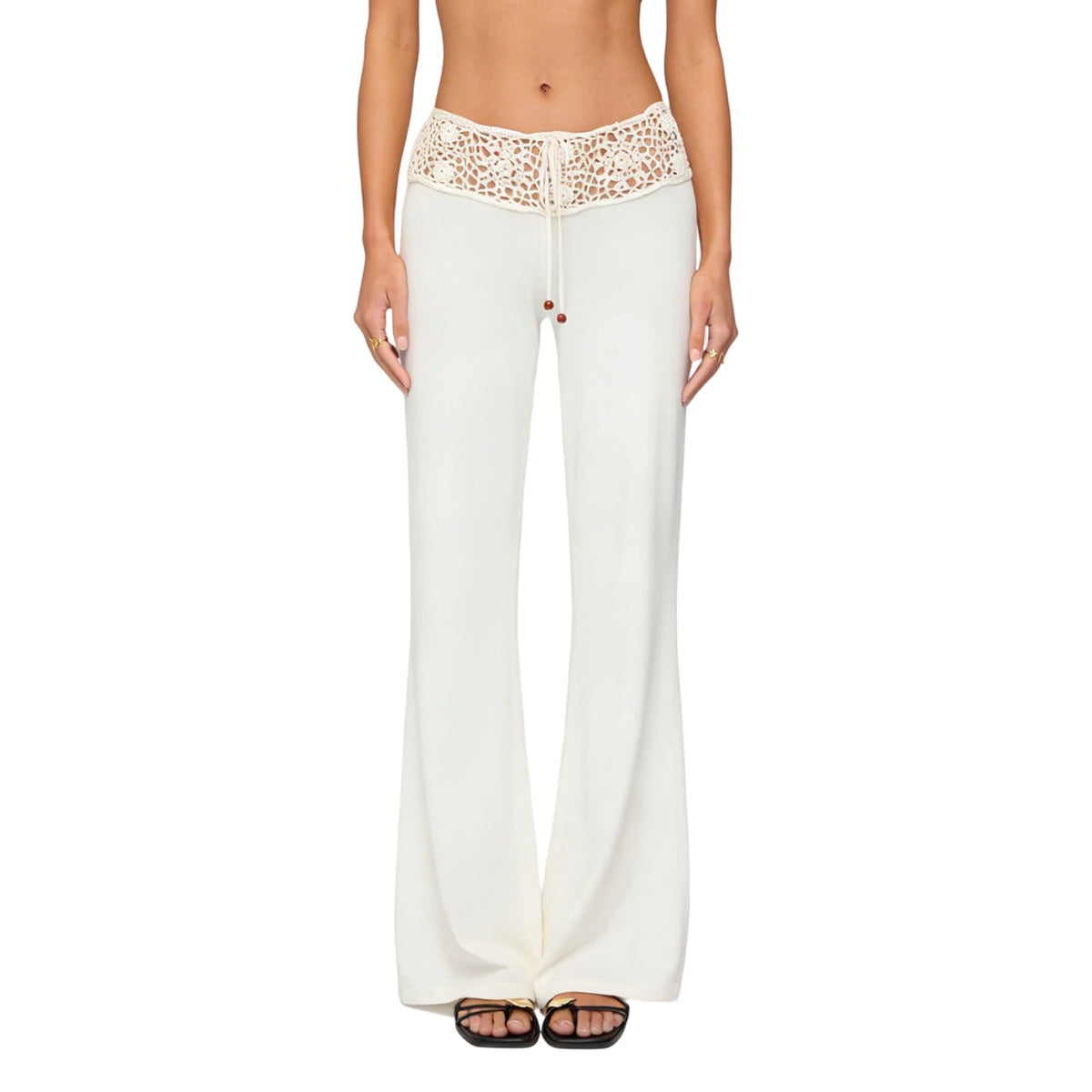 Cyflymder  Ladies Crochet Waistband Drawstring Trousers in Solid Color with Flared Legs - Stylish and Comfortable Mid Rise Pants