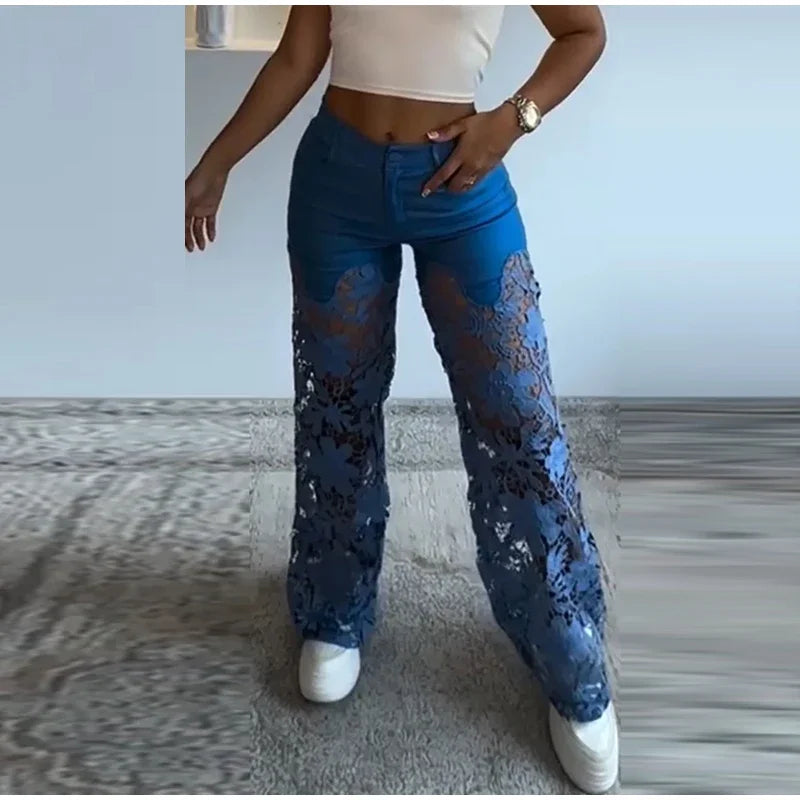 Cyflymder  Retro Lace Patchwork Women Blue Denim Pants High Waist Wide Leg Baggy Jeans Chic Y2k Fashion Casual Elegant High Street Trousers