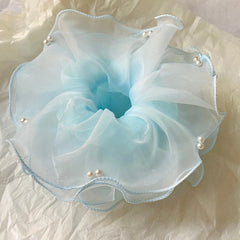 Cyflymder  1PC Elegant Tulle Organza Hair Scrunchie With Faux Pearls For Women Girls Large Ruffle Elastic Hair Tie Fashion Hair Accessories