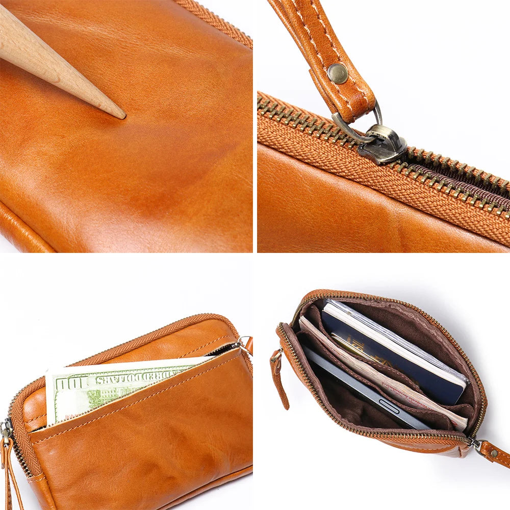 Cyflymder  New Vegetable Tanned Leather Zipper Pouch, Cowhide Coin Purse, Large-capacity Card Holder, Leather Storage Bag, Key Case