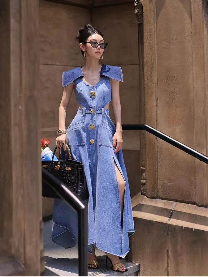 Cyflymder  Trendy Fashion Women's Metal Buckle Waist Hollow Out Denim Dress Spring Lapel Sleeveless Split Dresses Female