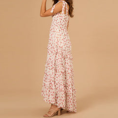 Cyflymder  Women's Summer Fashion Floral Print Long Dresses Stylish Multi-Layered Ruffled Trim Smocked Sleeveless Tie-Shoulder A-Line Dress