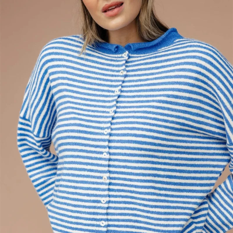 Cyflymder  Stripe Women's Cardigan O-neck Single Breasted Full Sleeve Casual Loose Female Knit Cardigan 2025 Autumn Cozy Fashion Lady Coat