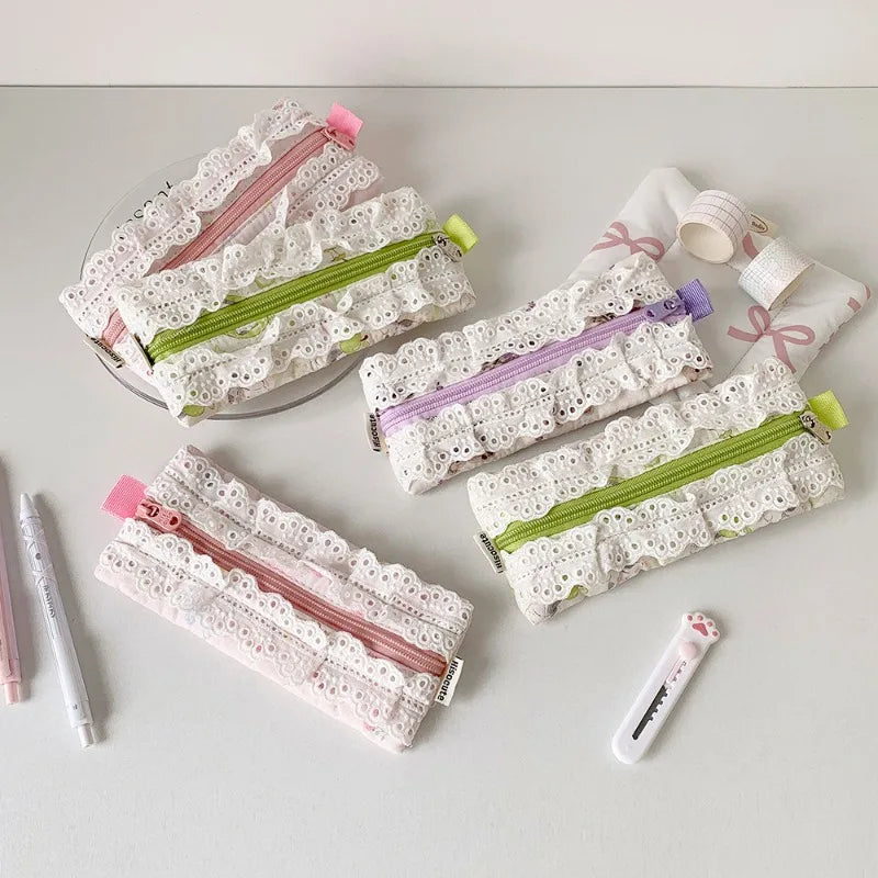 Cyflymder  Lace Pencil Case for Student Girl Ruffle Cute Korean Makeup Stationery Organizer Bag Portable Pouch Back To School Kawaii Gift