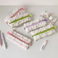 Cyflymder  Lace Pencil Case for Student Girl Ruffle Cute Korean Makeup Stationery Organizer Bag Portable Pouch Back To School Kawaii Gift