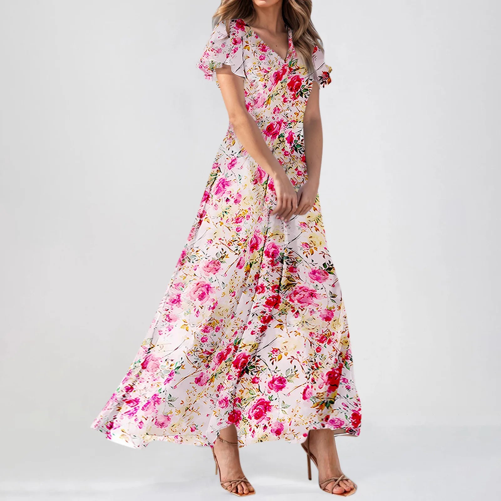 Cyflymder  Women V-neck Ruffle Short Sleeve Maxi Dress Waist Tight High-waist Hem Sweet Floral Print Elegant Dress Female Clothing Vestidos