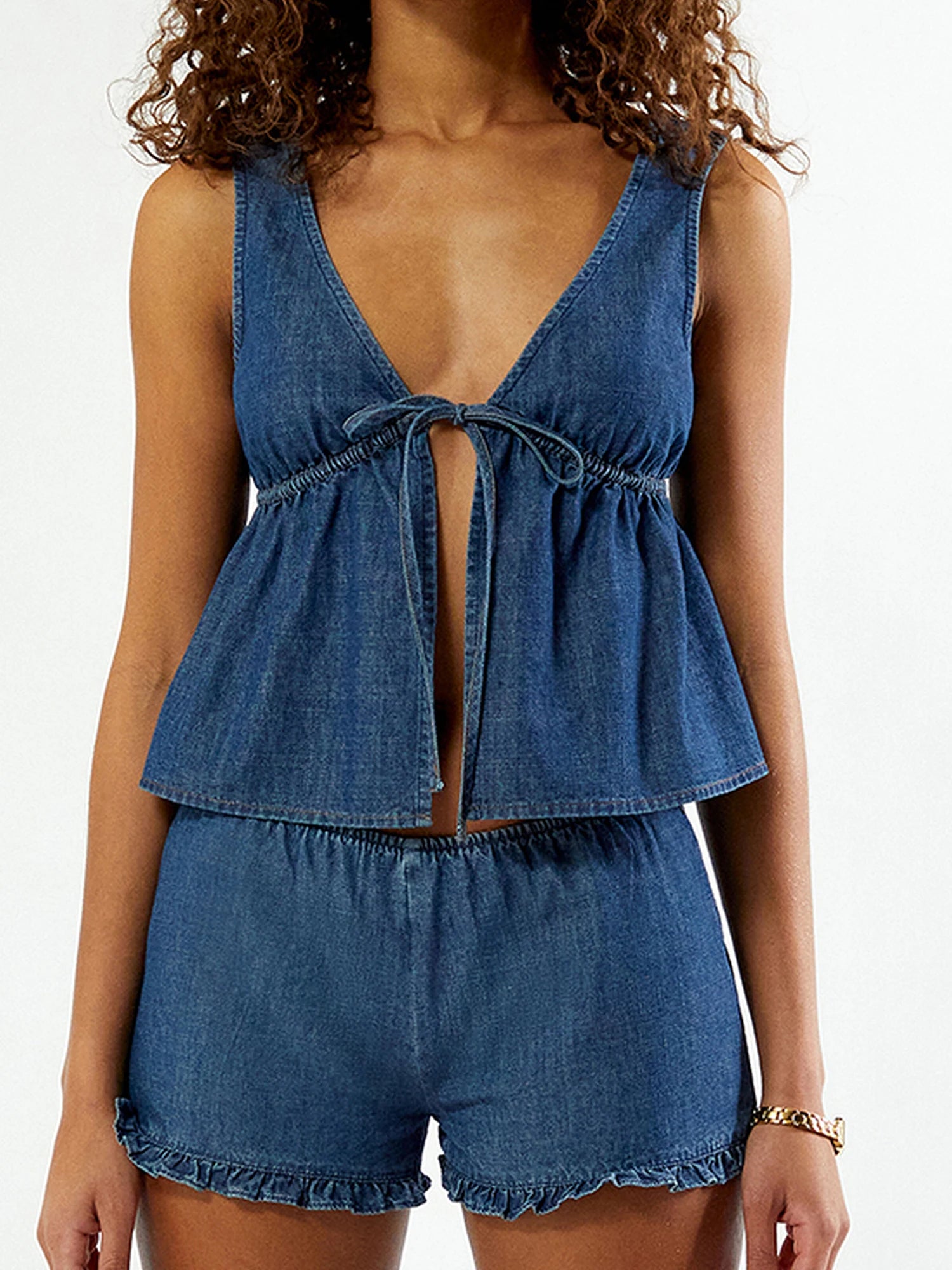 Cyflymder  Women s Denim Ensemble Stylish Deep V Neck Tank Top with Tie Front Detail and Elastic Waist Ruffle Shorts - 2 Piece Set for