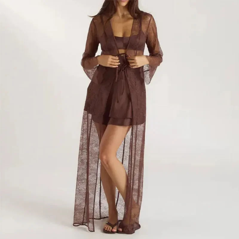 Cyflymder  Sexy Lace Coat Slip Dress Set Women Solid See Through Long Blouse Sleeveless Backless Short Dresses 2025 Fashion Summer Fall Set