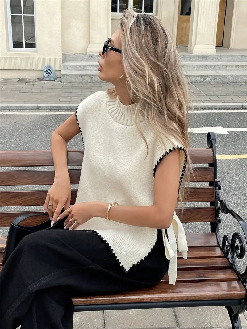 Cyflymder  Street Sle Loose Fit Women's Svel Sweater Vest  Knot Tied Color Blo Design Autumn Faion Polyester Fiber