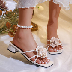 Cyflymder  Luxury Light Color Slippers Ladies Outdoor High-heel Slippers Fashion Flower Design Summer Square Head Women's Slippers