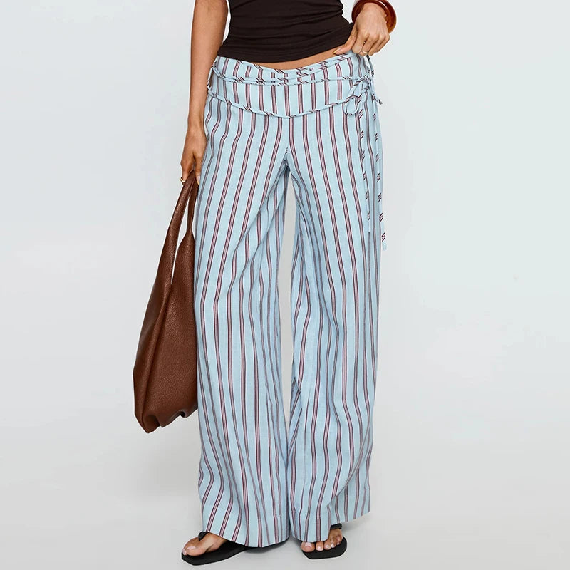 Cyflymder  Striped/Solid Tie Up Mid Rise Wide Leg Trousers Women Casual Loose Fit Long Pants Elegant Lady Daily Straight Pants