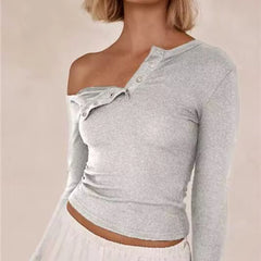 Cyflymder  Solid Color Long Sleeve Basic T-Shirts Women Buttons Oblique Shoulder Casual Shirts Fall Slim Fit Crop Tops Streetwear