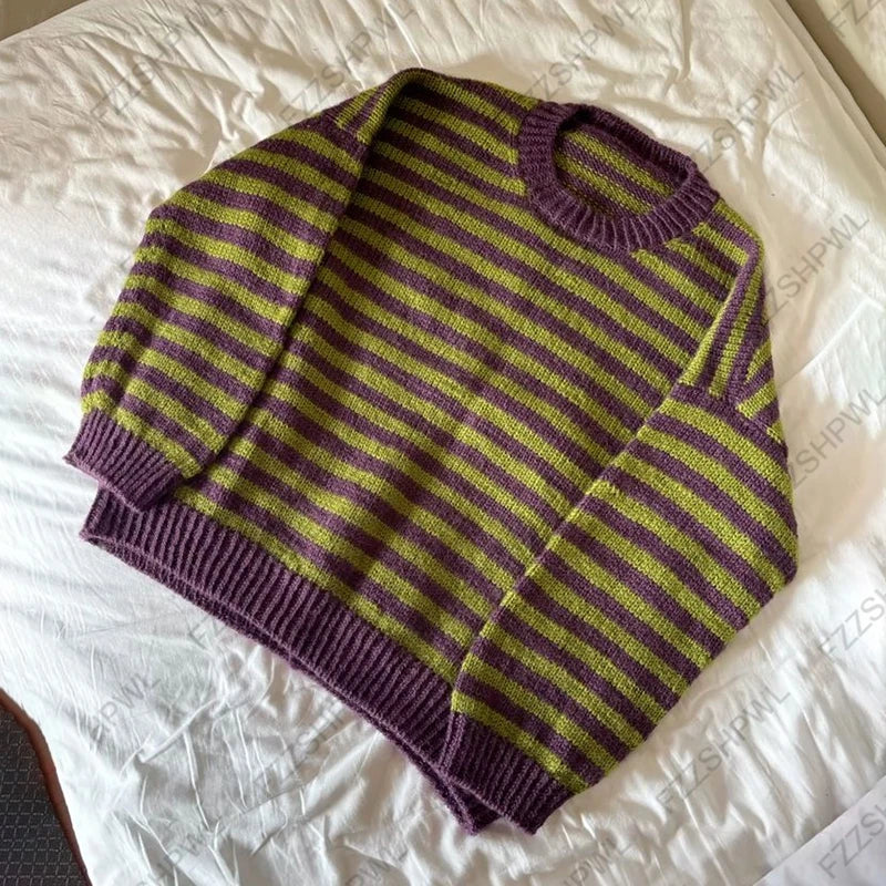Cyflymder  Women Striped Knit Sweater Loose Drop Shoulder Crew Neck Long Sleeve Green Purple Stripe Casual Knitwear Pullover