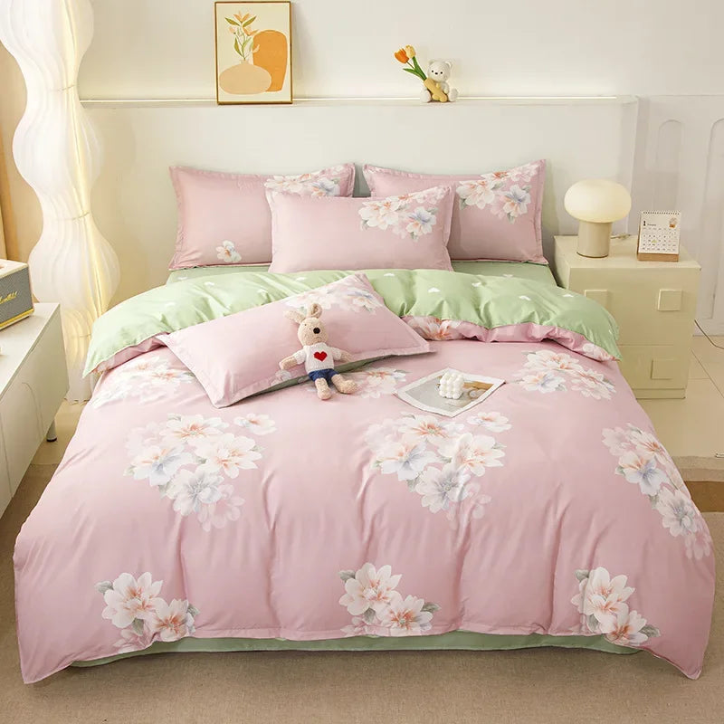 Cyflymder  Ins Style Plant Printed Skin Friendly Cotton Bed Sets 4Pcs Soft Cozy Duvet Cover Set for All Seasons King Queen Textile Supplies
