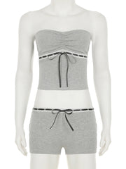 Cyflymder  Casual Bandage Shorts Sets Women 2025 Basic Slim 2 Piece Sets Folds Slash Neck Sleeveless Tube Tops Low-Waist Shorts