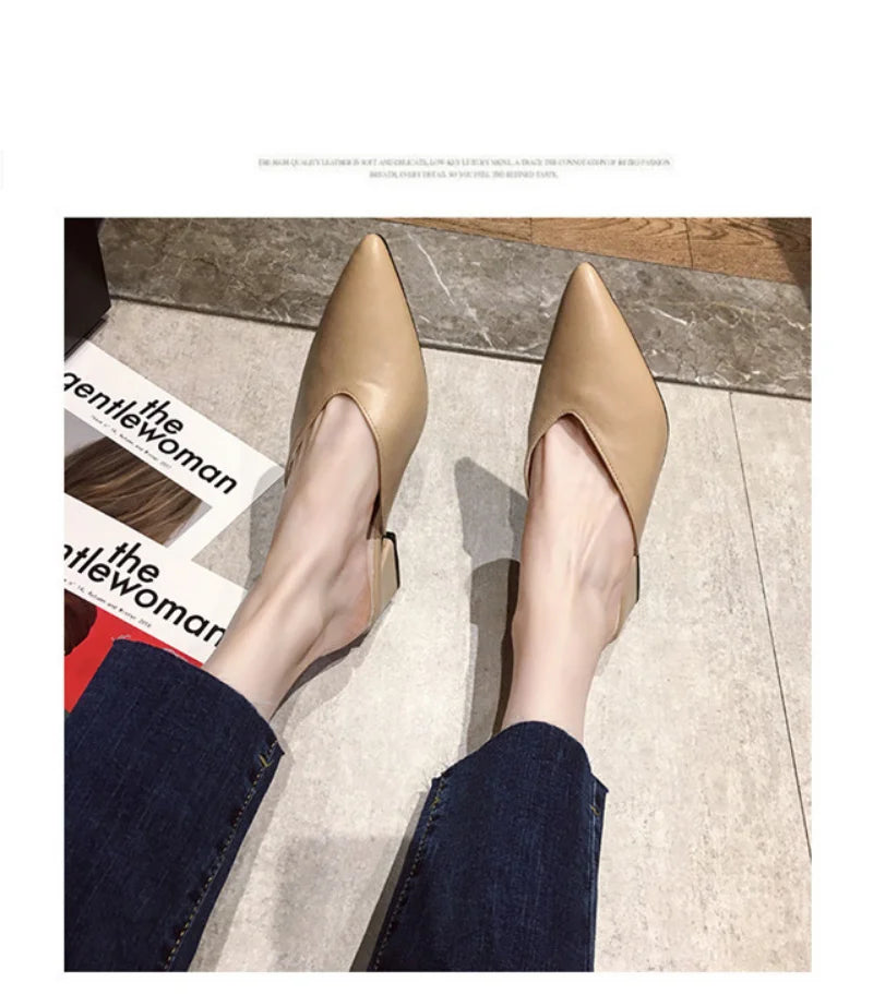 Cyflymder Women's High Heels Comfortable Soft Leather Shoes Office Low Heel Pointed Toe Mules Shoes Mary Jane Shoes Wedges Shoes for Women