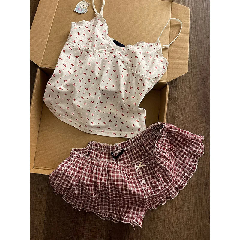 Cyflymder  Ballet Floral Small Suspenders Pajamas Women's Summer New Plaid Shorts Loungewear Suit