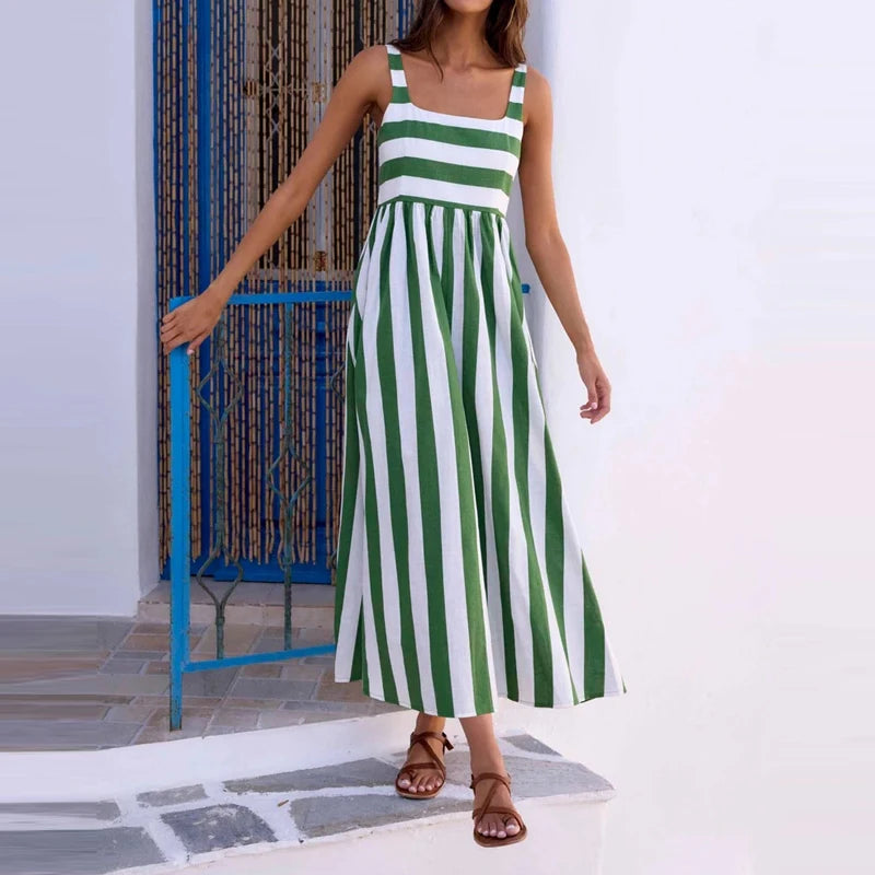 Cyflymder  Summer Hollow Out Pleated Vacation Maxi Dress Leisure High Waist Sleeveless Party Dress Fashion Stripe Print Halter Beach Dress