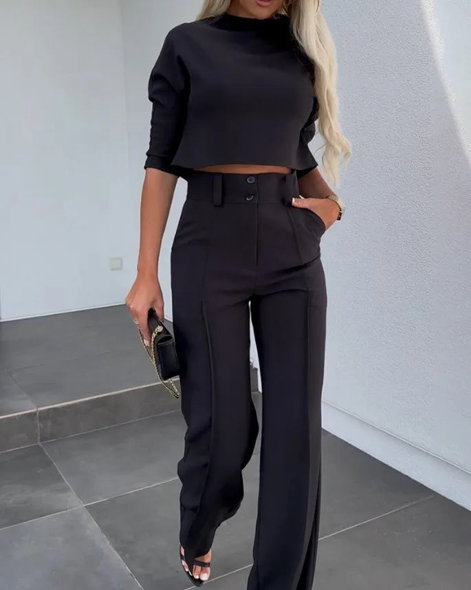 Cyflymder   Spring and Autumn New Fashion Small High Neck Fit Women's Set Solid Pocket Micro Horn Pants Set for office lady Outfits