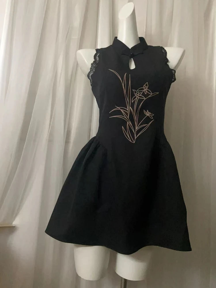 Cyflymder  Chinese Style Printed Dress for Women's Summer Slim Fit Sleeveless Lace A-line Short Dress Fashion Female Clothes