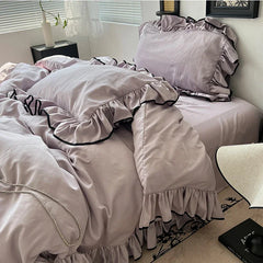 Cyflymder  Four Piece Set of 180X220Cm Washed Ice Silky Bedding Korean Ruffled Quilt Cover for Bedroom Cooling Smooth Fitted Sheet Sets