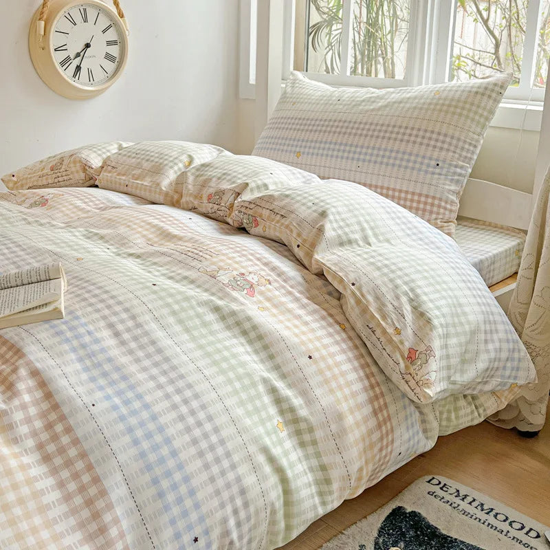 Cyflymder Pure Cotton Printed Student Bedding Set Single Queen Skin Friendly Bed Linens Skin Friendly Soft Comforter Set for All Seasons