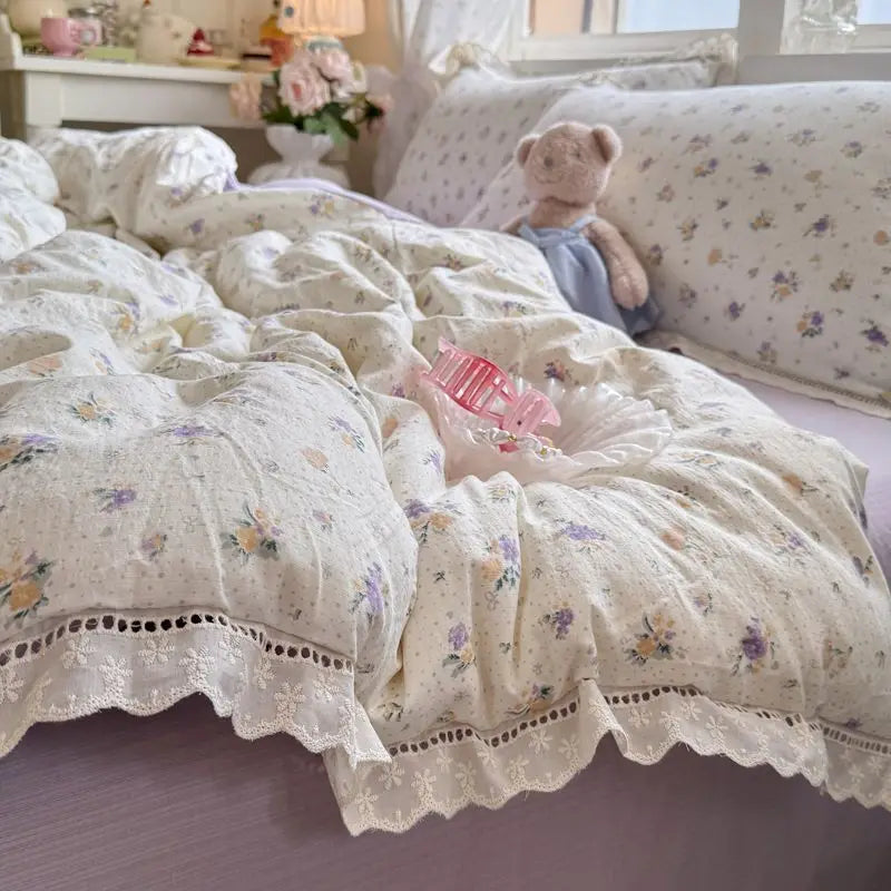 Cyflymder  Korean Style Girly Heart Floral Double Layer Gauze Four-Piece Set Princess Style Lace Trim Quilt Cover Bed Sheet Dormitory