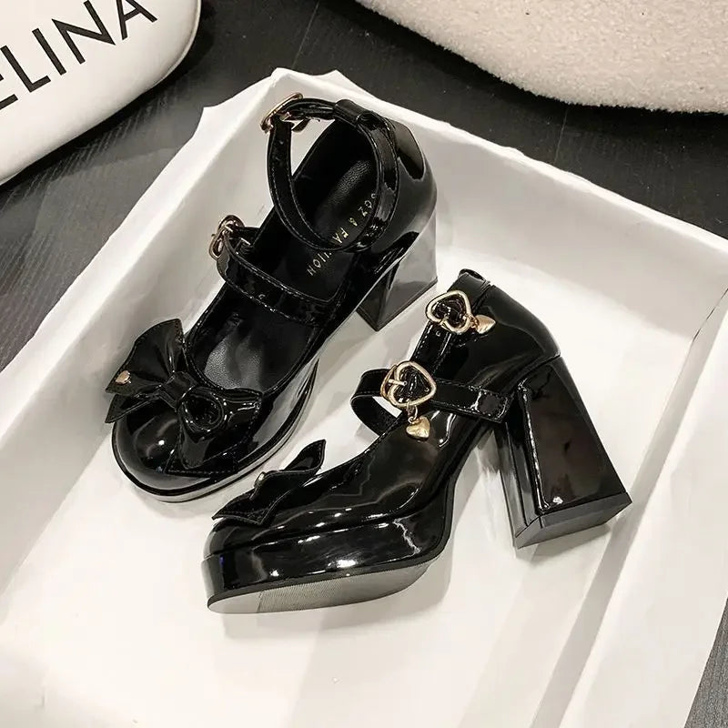 Cyflymder Punk Heart Buckle High Heels Pumps Women Autumn Y2K Black Chunky Platform Lolita Shoes Woman Bowtie Thick Heel Gothic Shoes