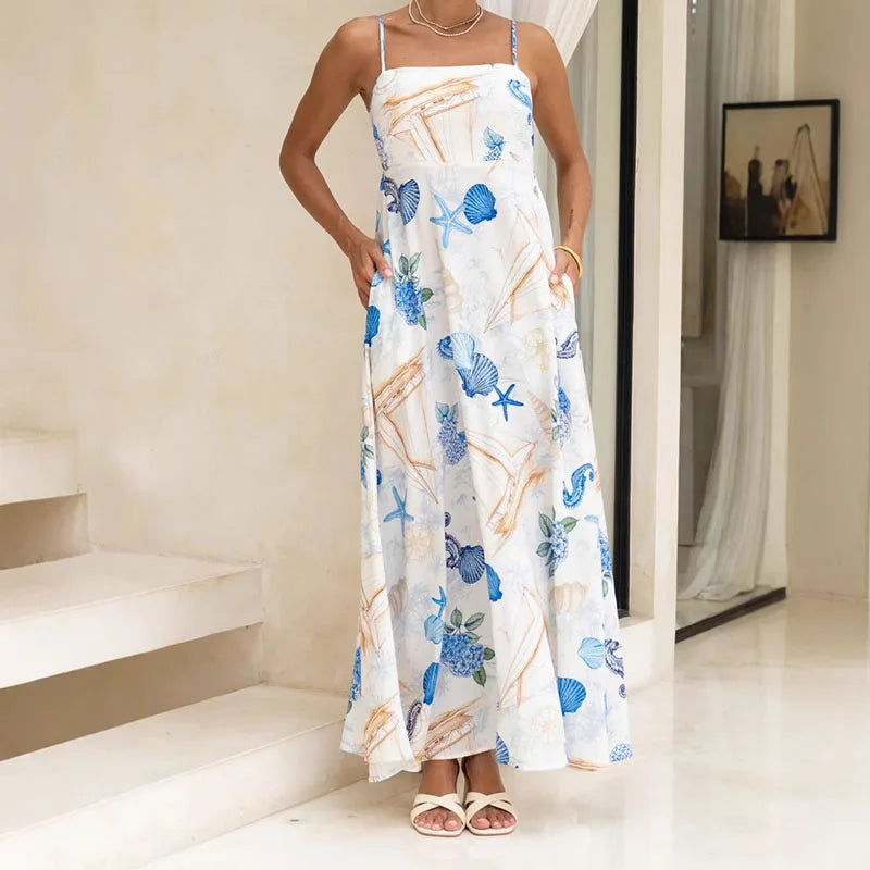 Cyflymder  Women Summer Casual Loose Holiday Beach Dress Spring Slash Neck Backless Sling Dress New Vintage Pattern Print A-Line Long Dress
