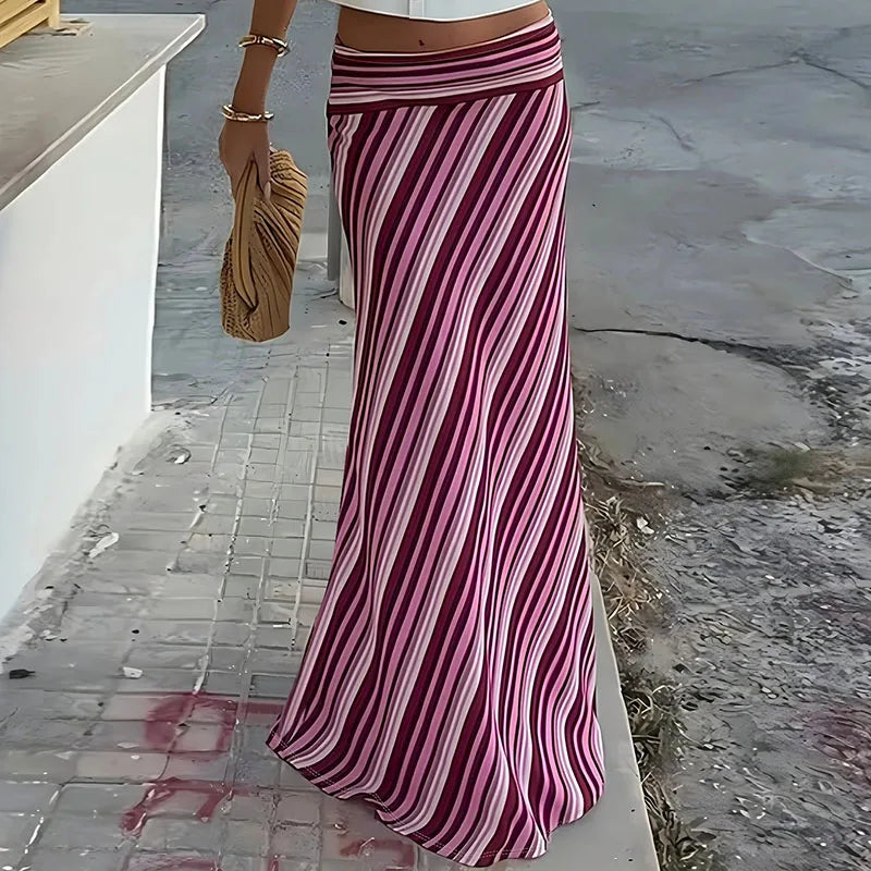 Cyflymder  Women Fashion Stripe Print Holiday Skirt Casual Draped Slim Fit Party Skirts Elegant Hight Waist Spring Summer Long Skirts