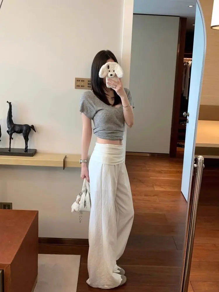 Cyflymder  Loose Wide Leg Casual Pants High Waist Flip Waisand ex Summer Korean Sle Simple Comfortable Cool Versatile Wide Leg Pant
