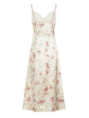 Cyflymder  French Street Style V-Neck Lace Satin Slip Dress Women Floral A-Line Maxi Dress with Adjustable Straps for Summer Vacation
