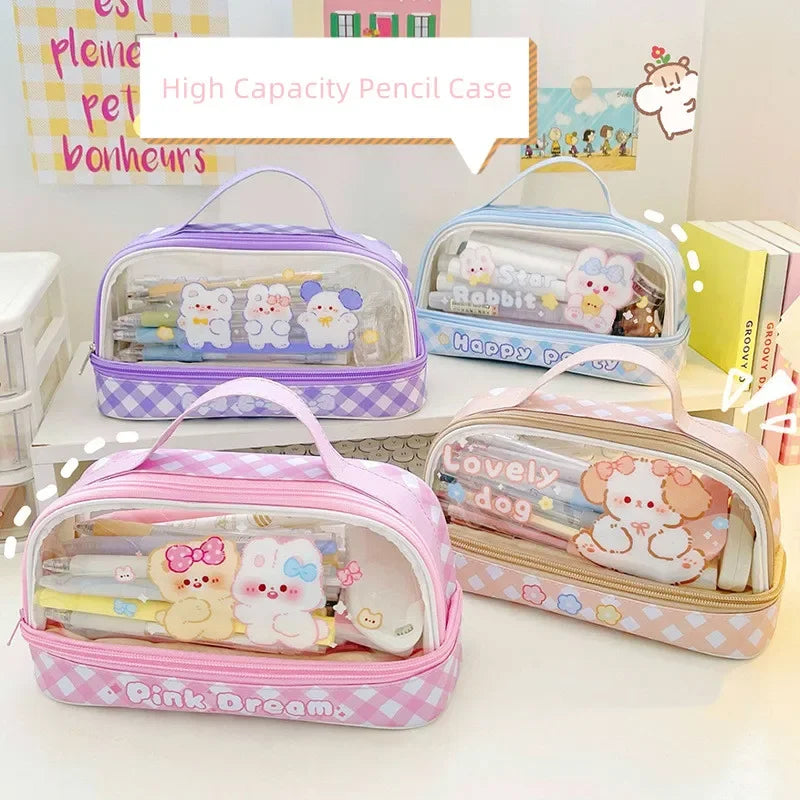 Cyflymder  Cute Transparent Pencil Case Kawaii Bunny Bear Pencil Pouch 2- Layer High Capacity Waterproof Protable Stationery Storage Bag