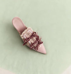Cyflymder  Elegant Retro Dusty Pink Satin Mule Heels Velvet Bow Ruffled Lace Detail Pointed Toe Open-Back Chunky Heel Pumps Daily Outfits
