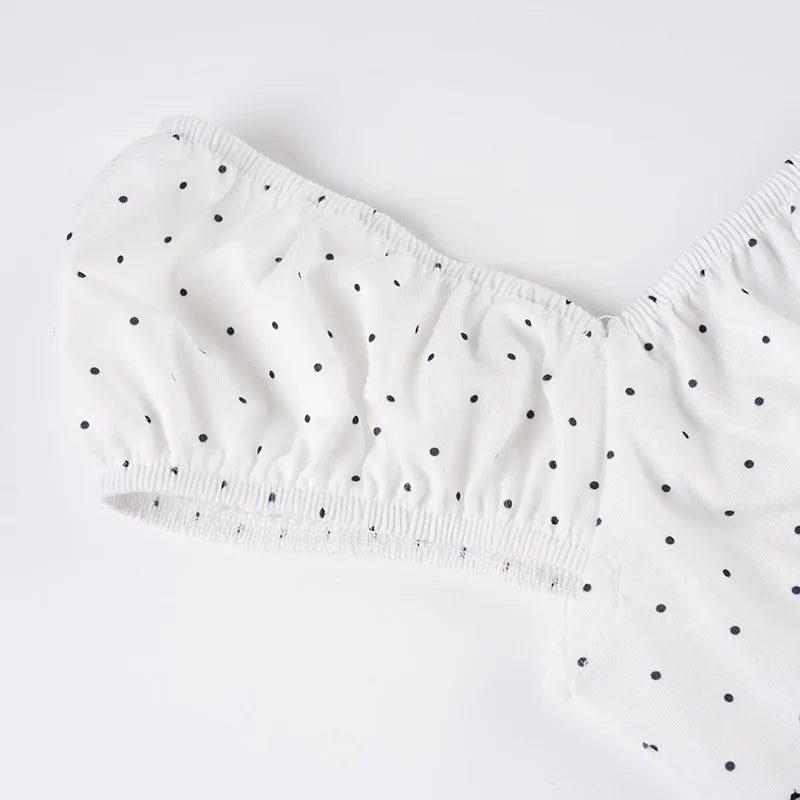 Cyflymder  Casual Dot Printed T Shirt French Style Slim Bandage Lace Trim Short Sleeve Tees Women 2025 Summer Fashion Streetwear