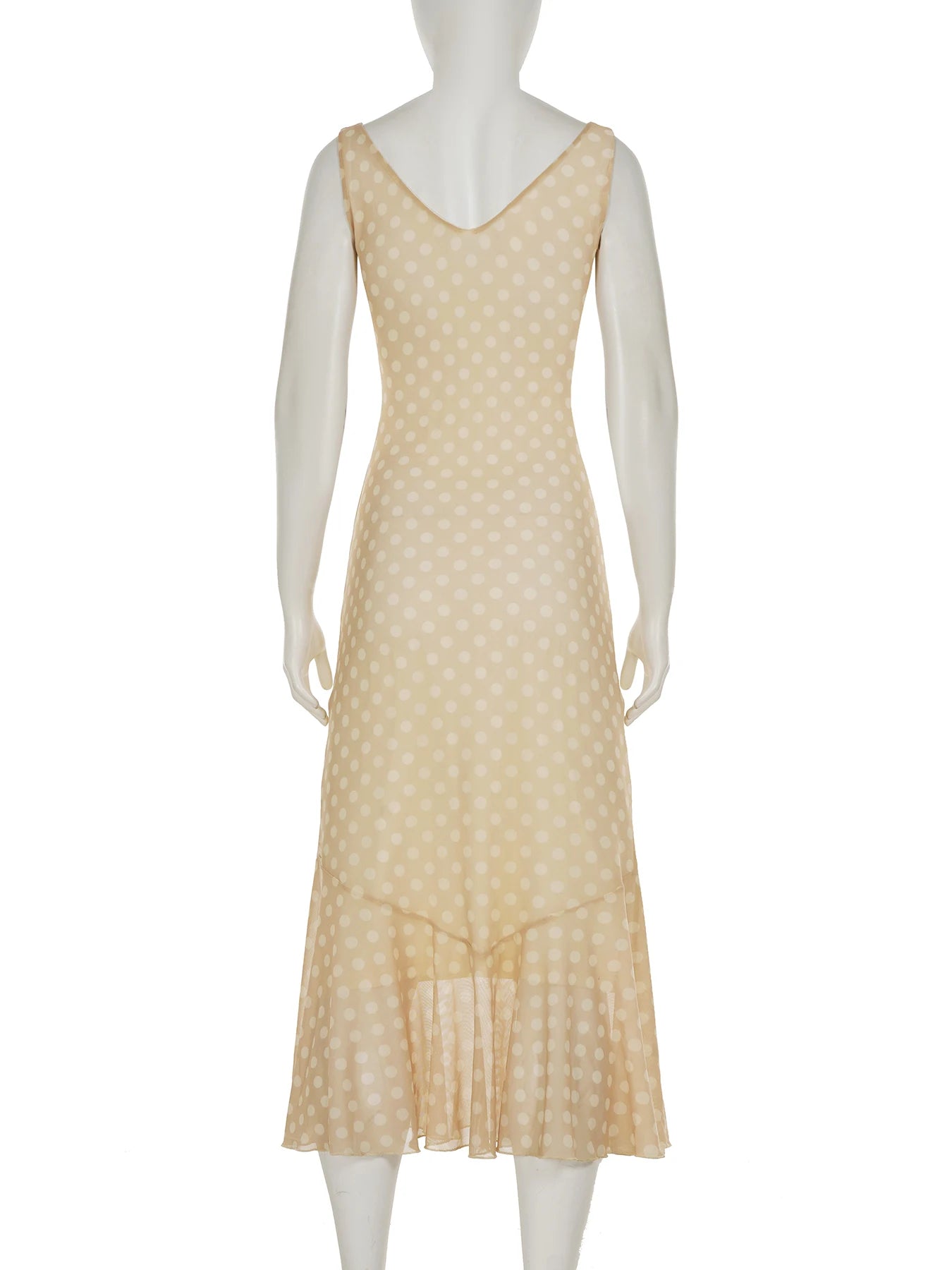 Cyflymder  Holiday Dot Printed Plaid Mesh Bodycon Dress See Through Deep V-Neck Sleeveless Midi Dresses For Women Summer Fashion
