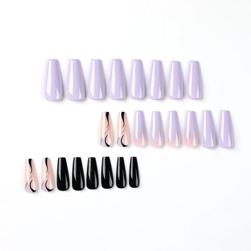 Cyflymder 24Pcs Acrylic False Nails with Glue Wave Line Designs Long Ballet Fake Nails Gradient Coffin Full Cover Nail Tips Press on Nails