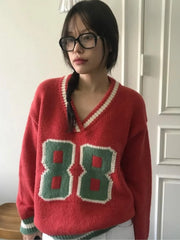 Cyflymder  Thiened Long Sve Knitted Sweater Women's Chic Autumn Winter College Sle Color Blo Letter Design Versatile Knitwear