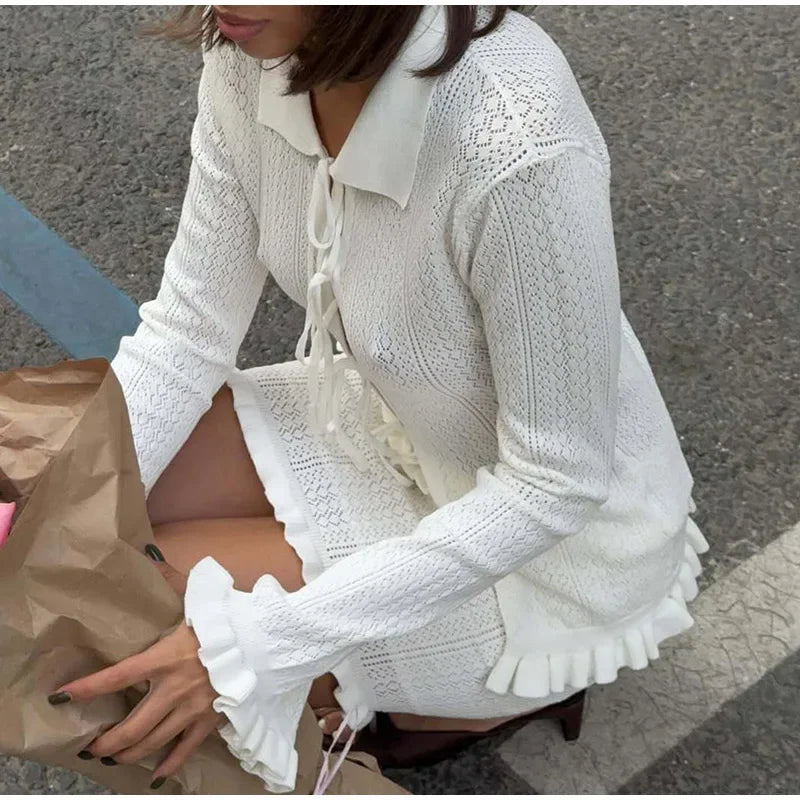 Cyflymder  Casual Knitted Ruffle Shirt Skirt Set Women Full Sleeve Lapel Lace Up Shirts Slim Mini Skirts Female 2025 Summer Fall Lady Suits