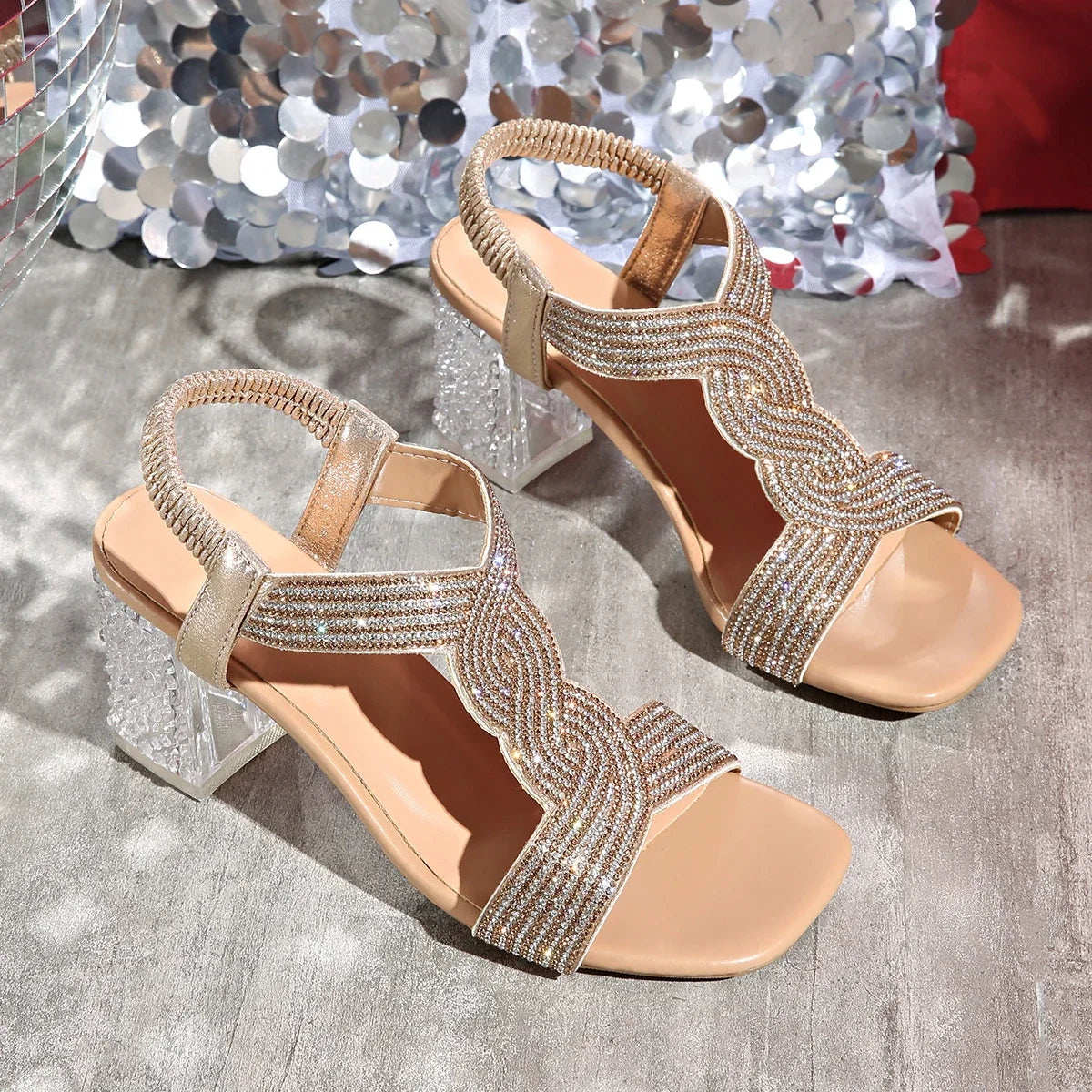 Cyflymder  Summer Rhinestone Sandals Women Square Toe Buckle Strap Shoes 7CM Clear PVC Transparent High Heels Lady Party Dress Sandalias