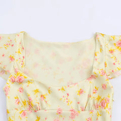Cyflymder  Sweet Yellow Print Mini Slim Dress Lace Satin Short Dress New Spring Autumn Fashion Party Dinner Holiday Lady Dres