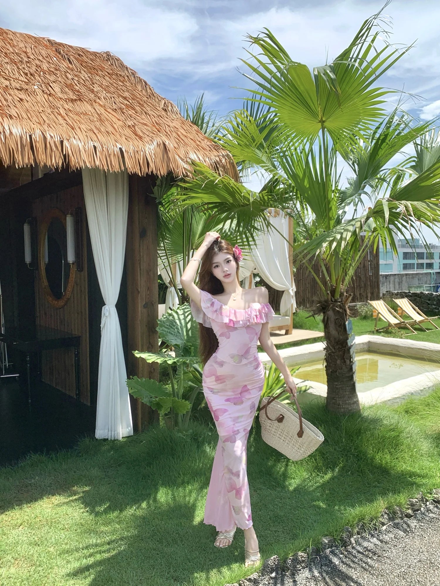 Cyflymder  Sexy Spicy Girl Pure Desire Sle Floral Print Bodycon Dr oulder Bared Lace  Slimming Wrap High Waist Fi Tail Skirt