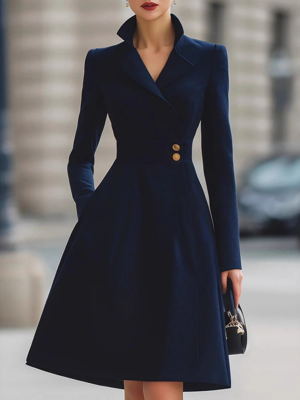 Cyflymder  Women‘s Elegant Business Solid Chic Mini Dress Lapel Long Sleeve High Waist Button Bodycon Dress Formal High Street Chic Dresse