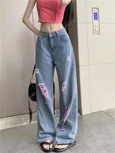 Cyflymder  Hot Girl Torn Jeans Women's Summer High Waisted Pink Ripped Loose Draped Demin Wide Leg Pants Fashion Casual Female Clothes