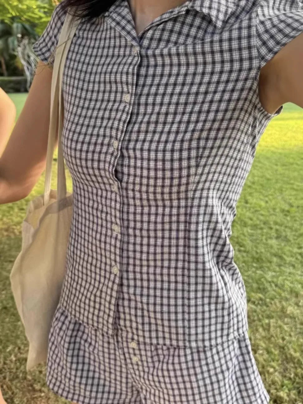 Cyflymder  Slim Fit American Retro irt for Women with  Collar ort Sve Purple Plaid Waist-Cinching Casual Sle Korean Faion